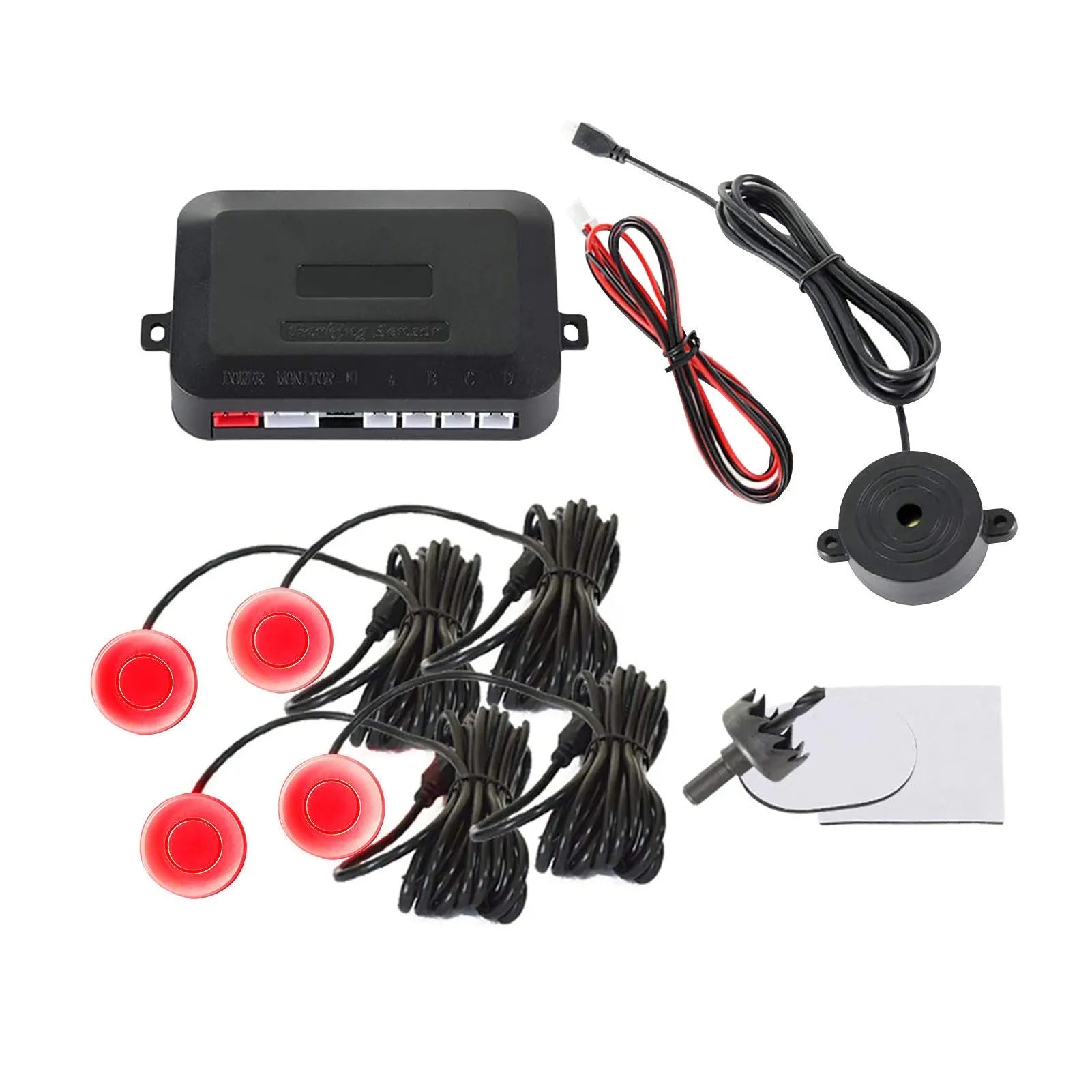 Car parking sensor reversing radar system with four ultrasonic sensors and buzzer alert module