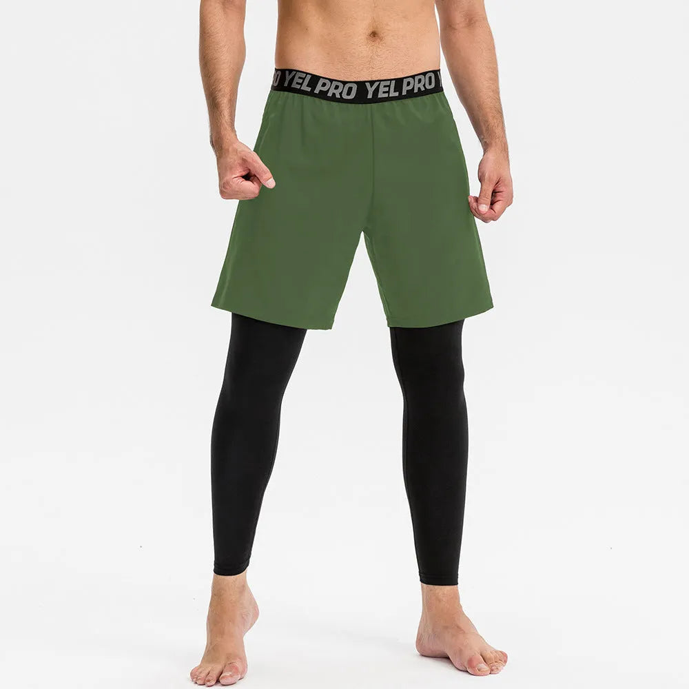Man wearing grey high elastic tight pants for fitness training.