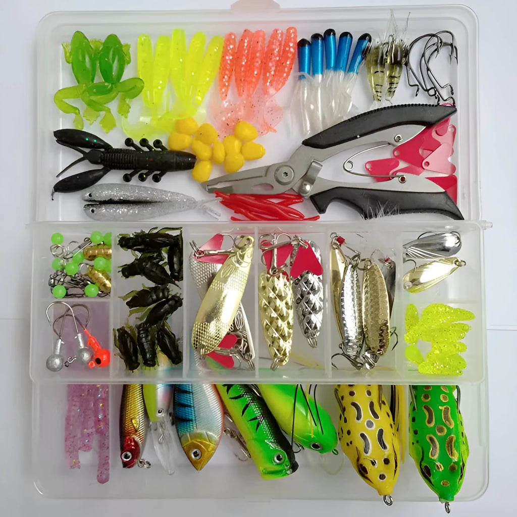 142-piece fishing lure set with metal and plastic baits, sequins, hooks, and fishing pliers in various colours