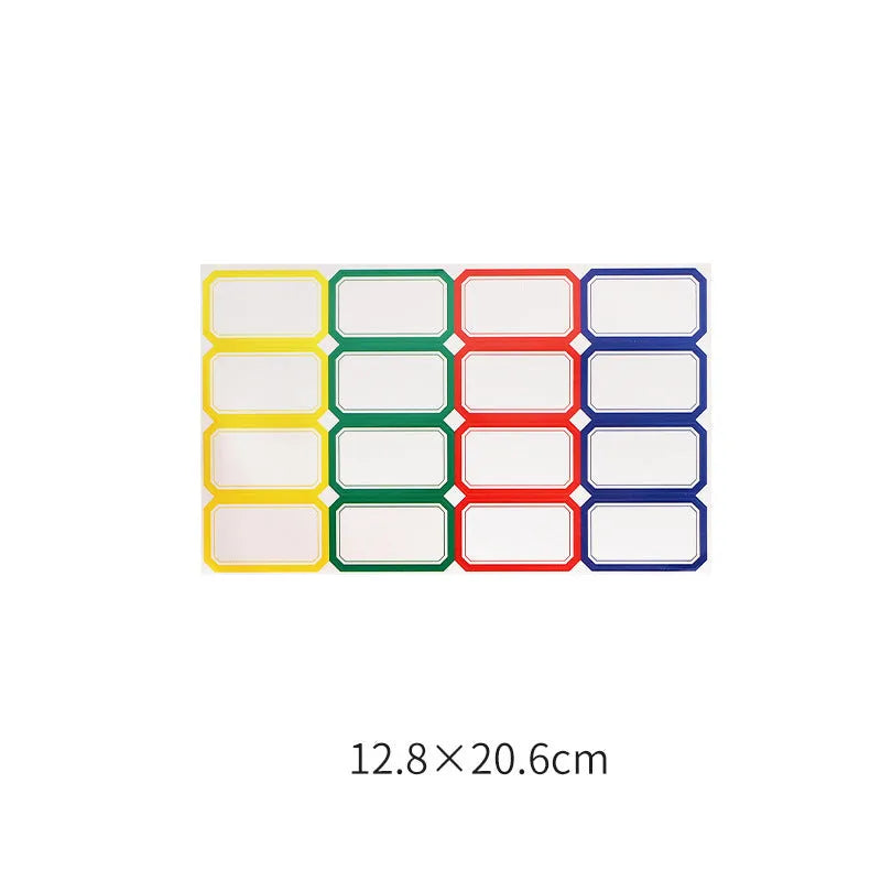 Handwritten labels and adhesive stickers with grid patterns on paper material