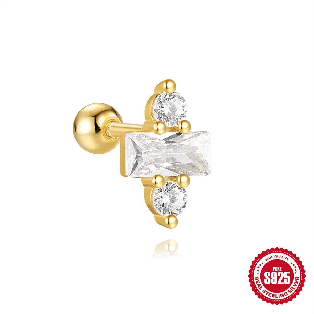 S925 sterling silver red earrings with square gravel studs and golden electroplated finish