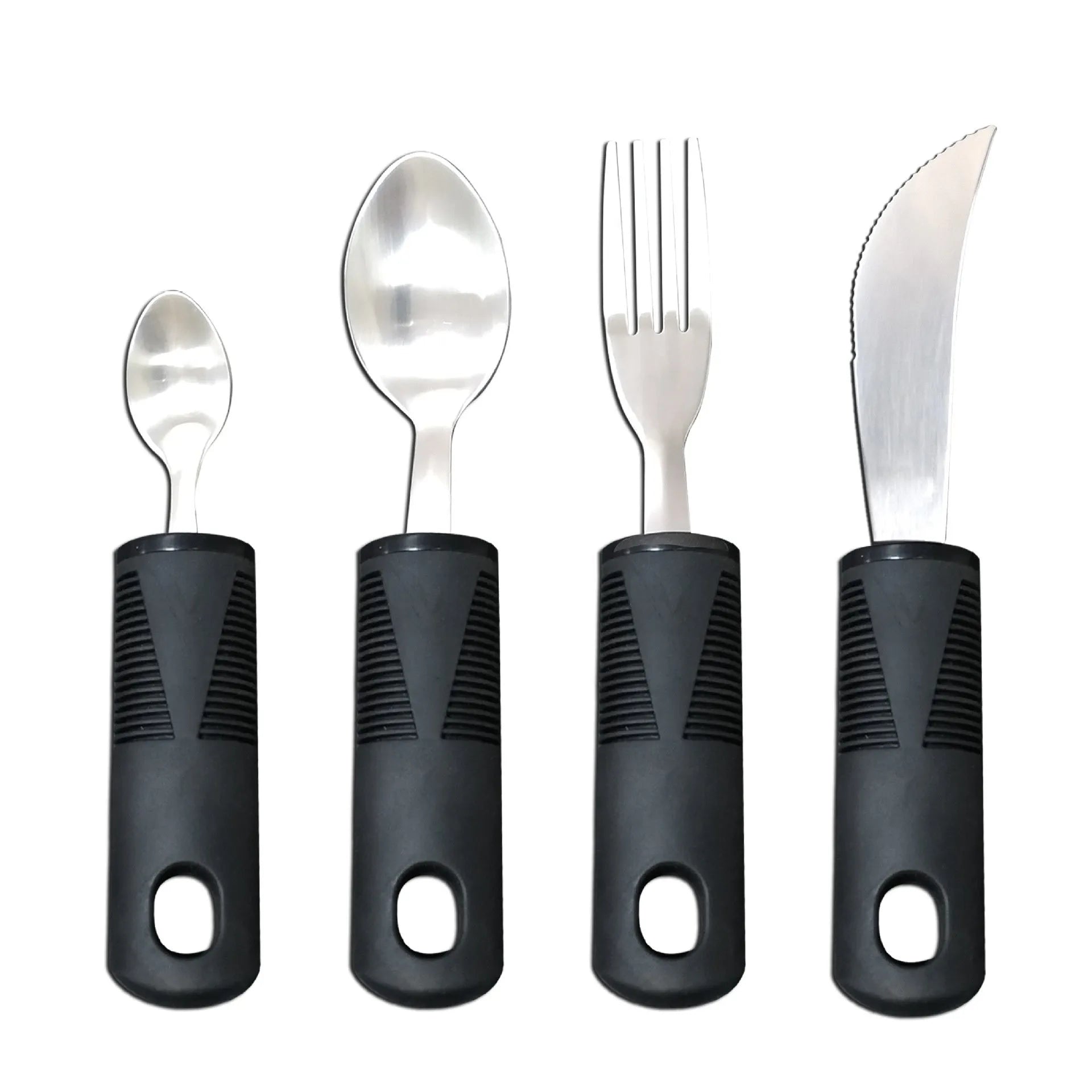 Adaptive cutlery set with stainless steel utensils and rubber grip handles for hand tremor assistance