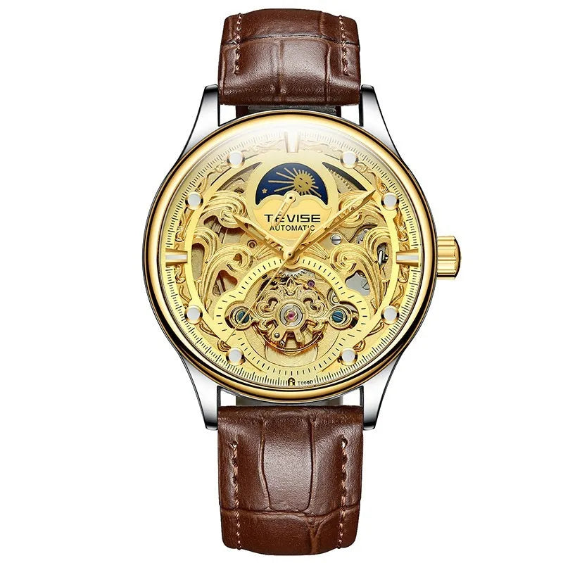 Men's gold and white leather strap automatic mechanical watch with 16mm thick case