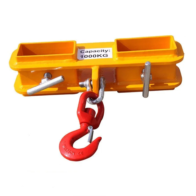 MK forklift hook attachment with rotatable hook and safety lock mounted on forklift forks.