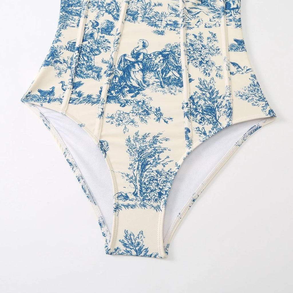 Blue women's one-piece polyester swimsuit with skirt option and S M L XL sizing