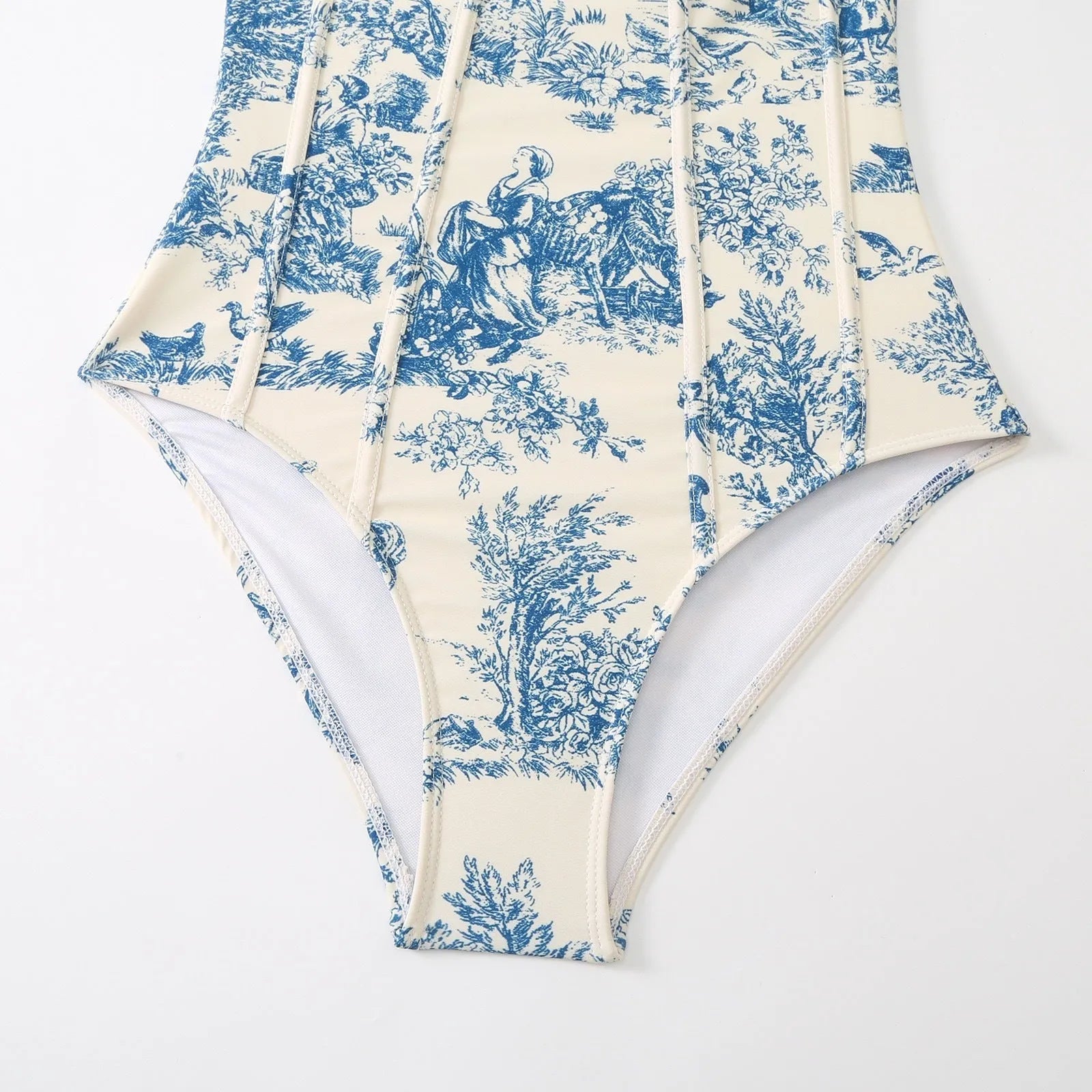 Blue women's one-piece polyester swimsuit with skirt option and S M L XL sizing