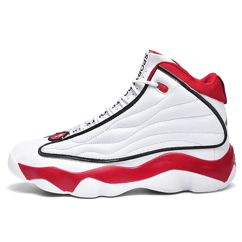 Men's high-top basketball shoes with mesh upper and thick rubber sole in AJ13 colour options.