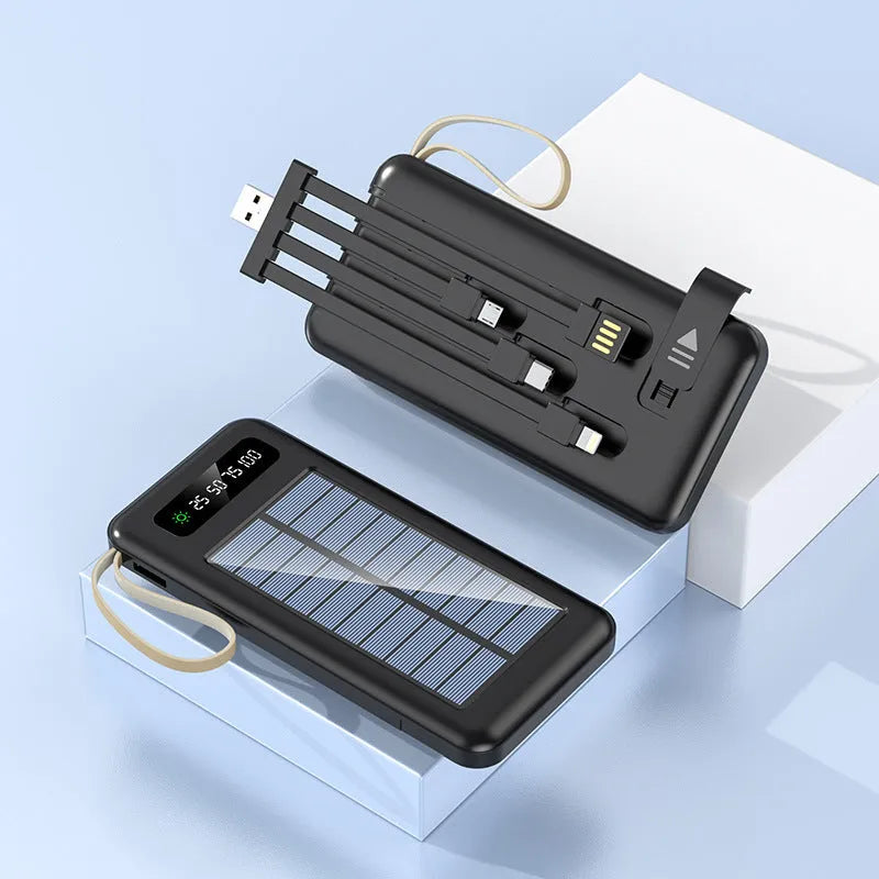 Black and white solar power bank showing front panel with solar cells and dimensions 144x68x16mm.