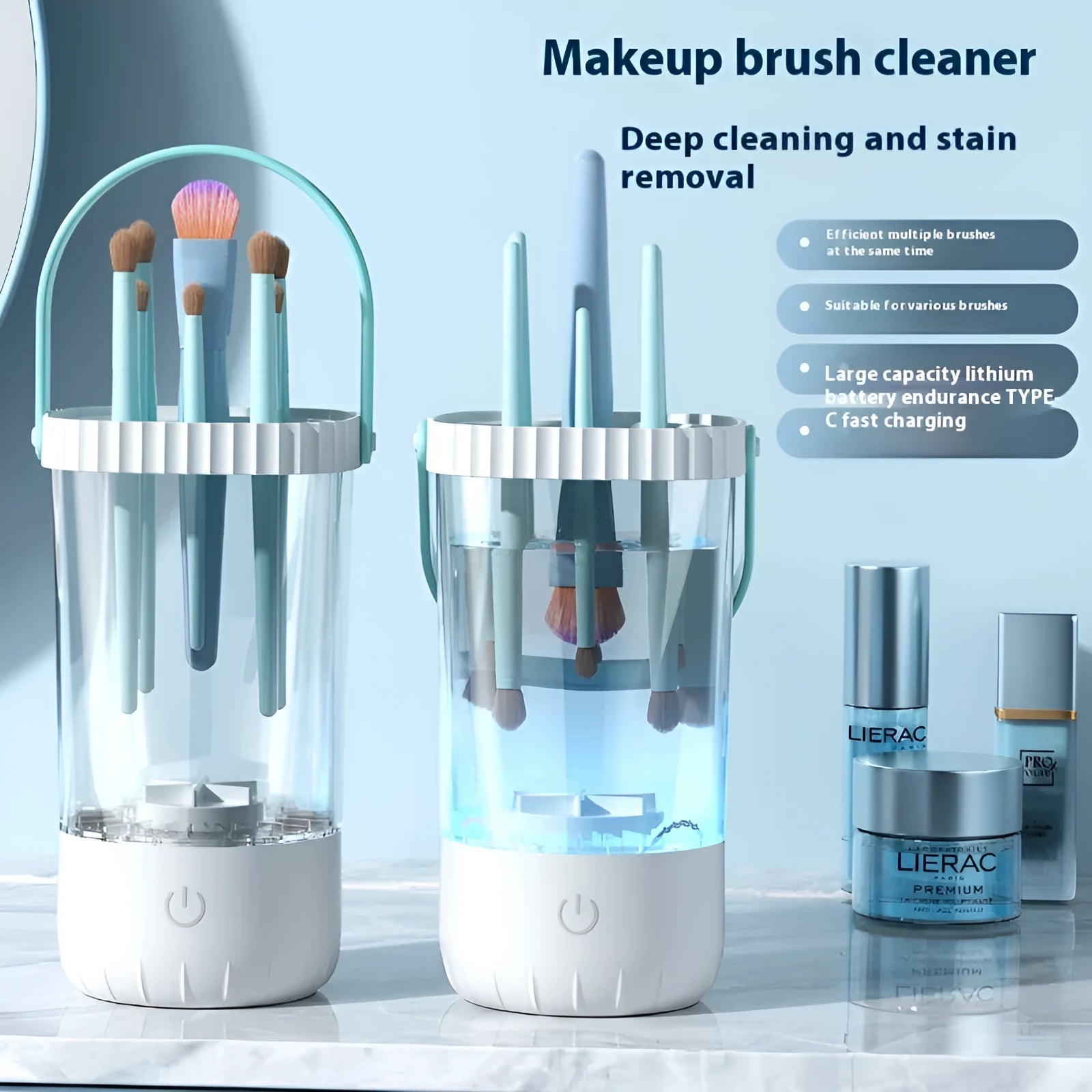 White rechargeable electric makeup brush cleaner with plastic construction and charging cable