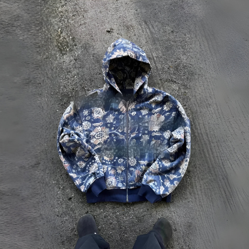 Men's loose fit hooded zip coat in polyester with digital printing, shown in red and blue colour options