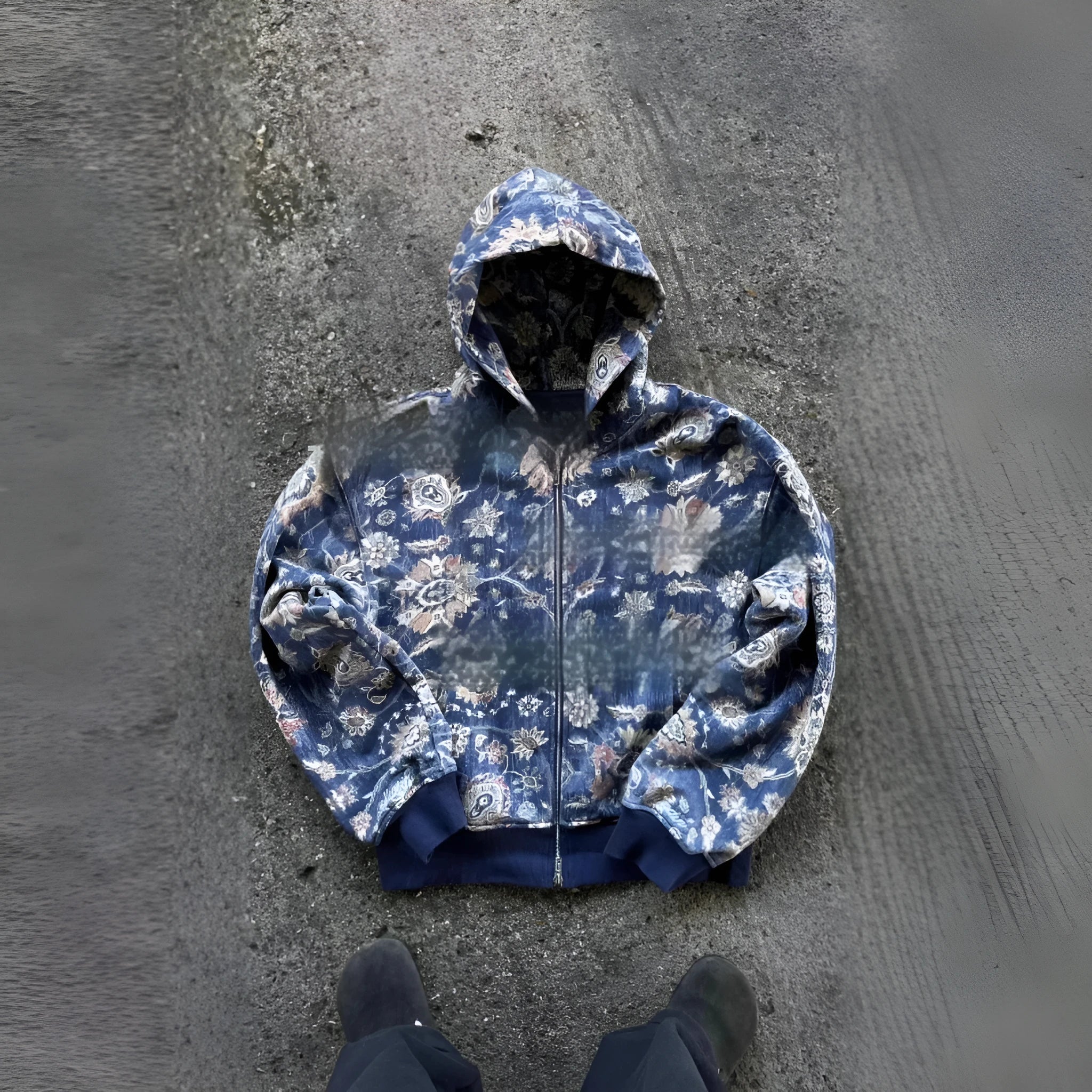 Men's loose fit hooded zip coat in polyester with digital printing, shown in red and blue colour options