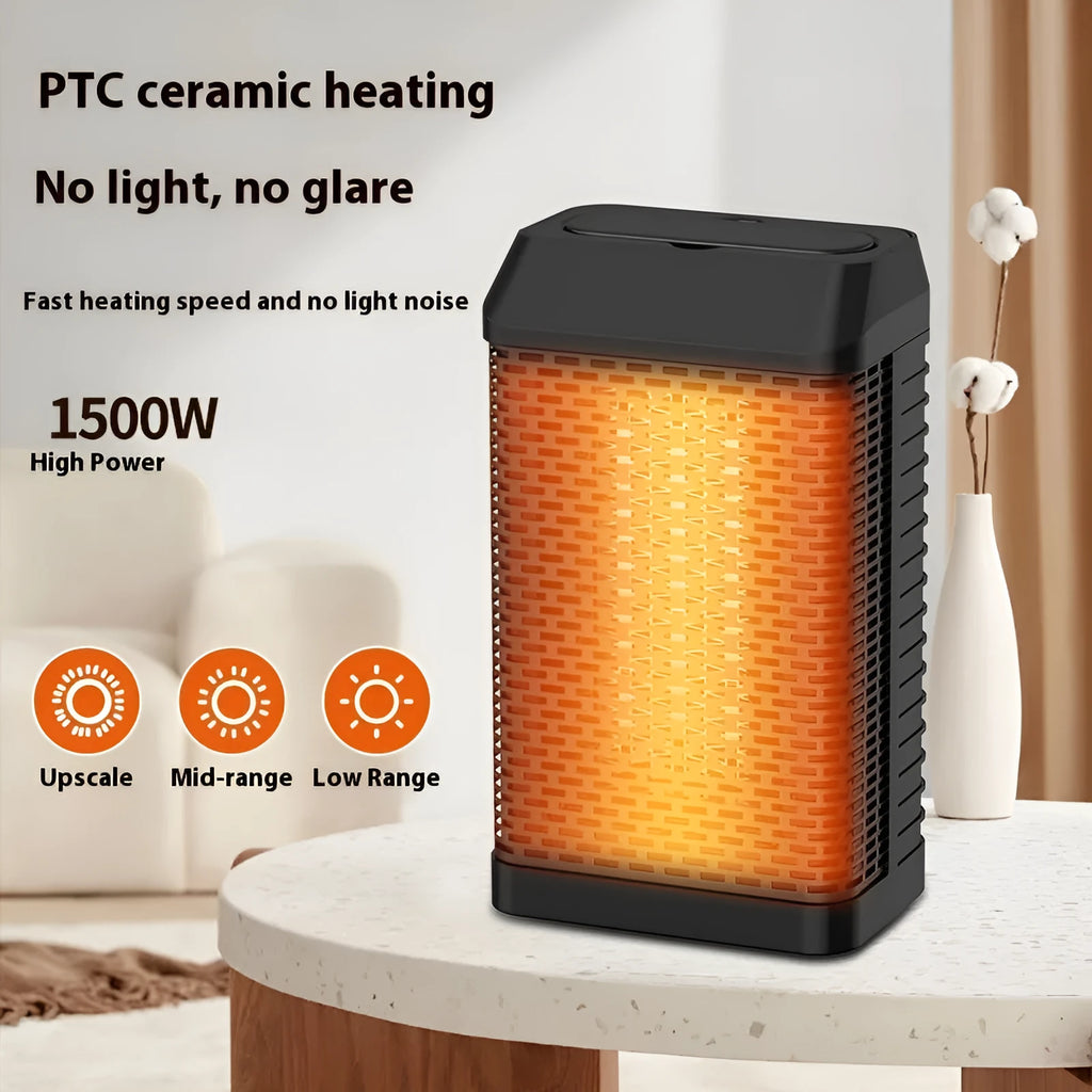 Black desktop smart heater with remote control showing dimensions 14.5x10x26cm