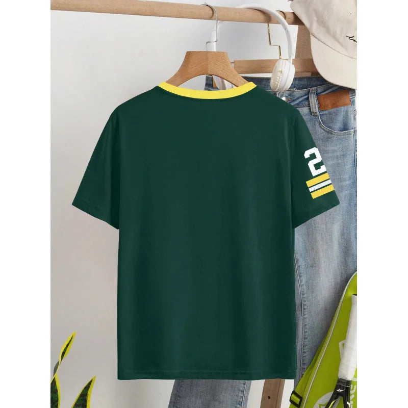 Green and red loose fit cotton T-shirt with white contrast digital letter printing