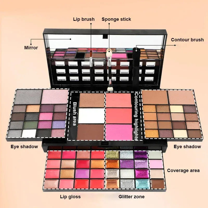 74 colour makeup palette set with four layers showing eyeshadows, lip glosses, and face powders with brushes