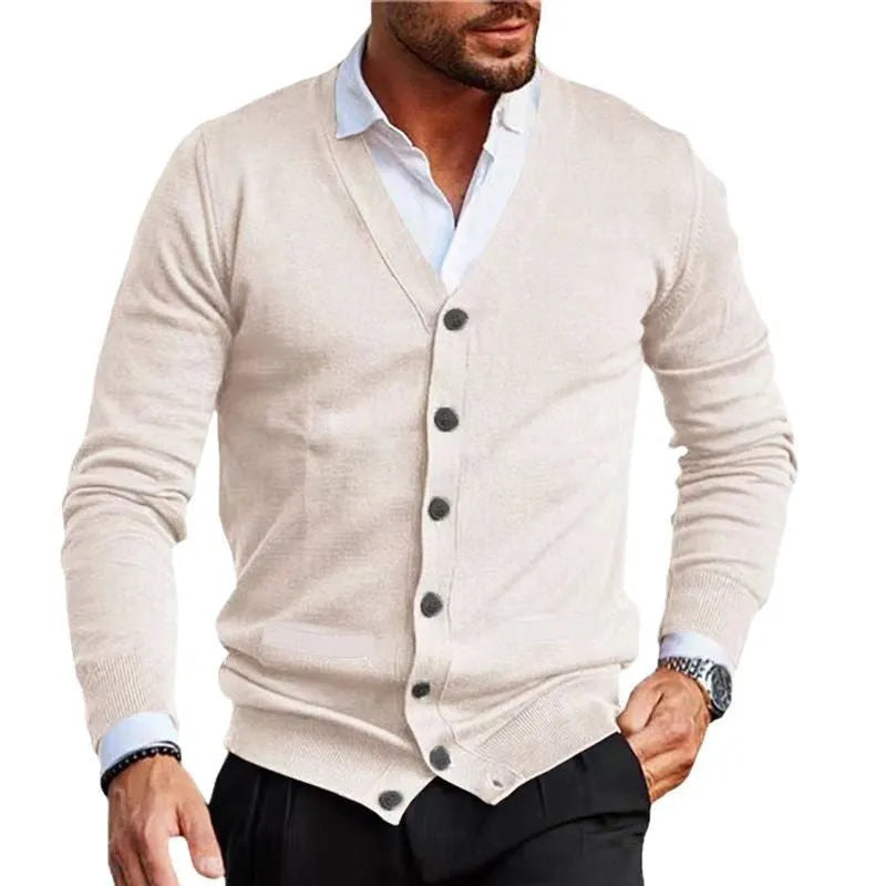 Men's slim fit acrylic cardigan sweater in autumn colours on a hanger