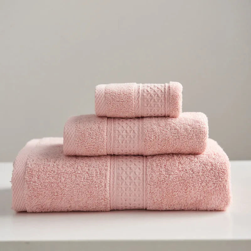 3-piece pure cotton towel set with square, hand, and bath towel in assorted colours