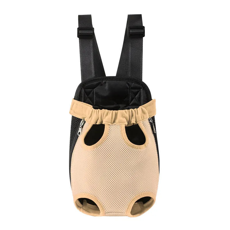 A person wearing a black breathable dog carrier backpack with a small dog inside, showing the open-top design and mesh panels.