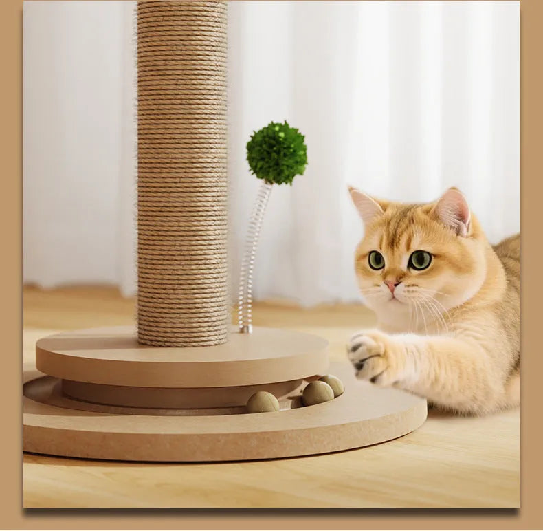 Vertical canna-coloured cat climbing frame with hemp rope posts and wooden platforms mounted on a wall.