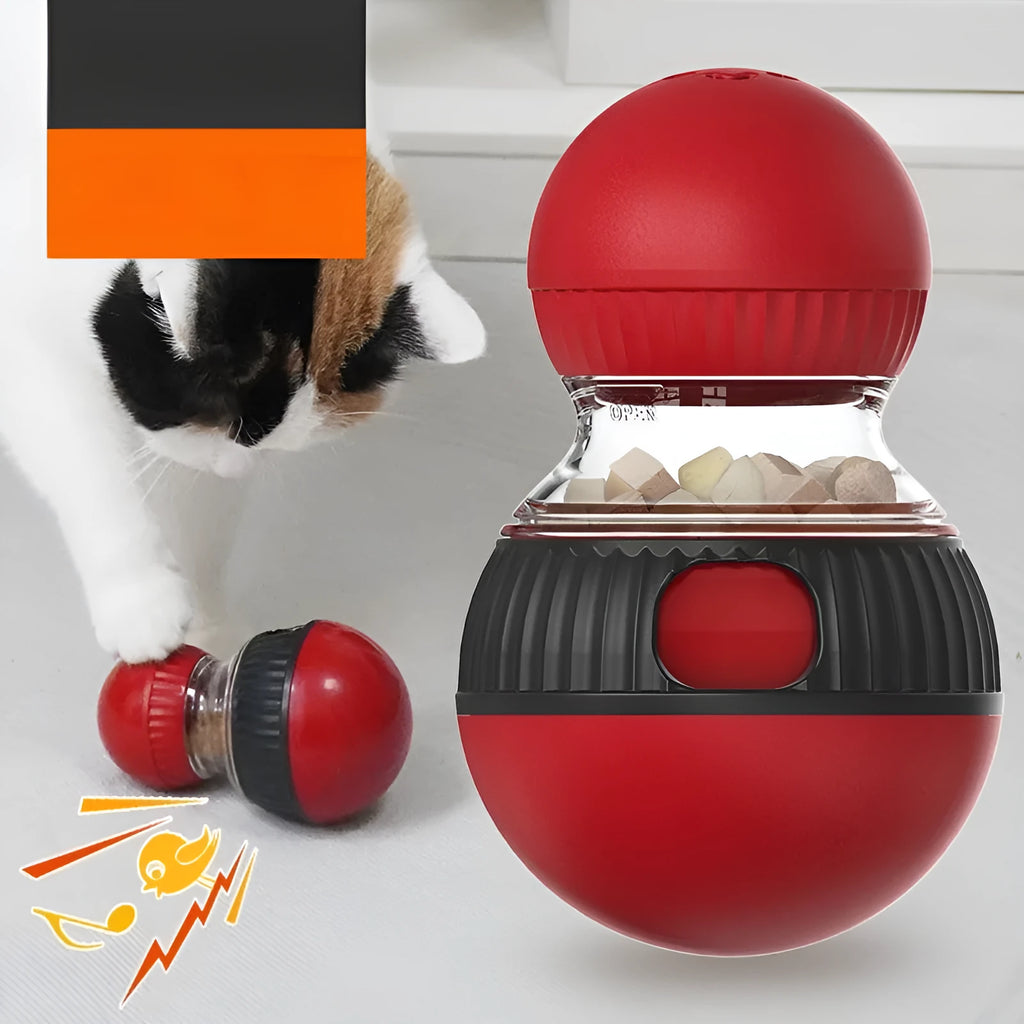 Rotating plastic cat toy with food dropping ball and sound effects for interactive pet play