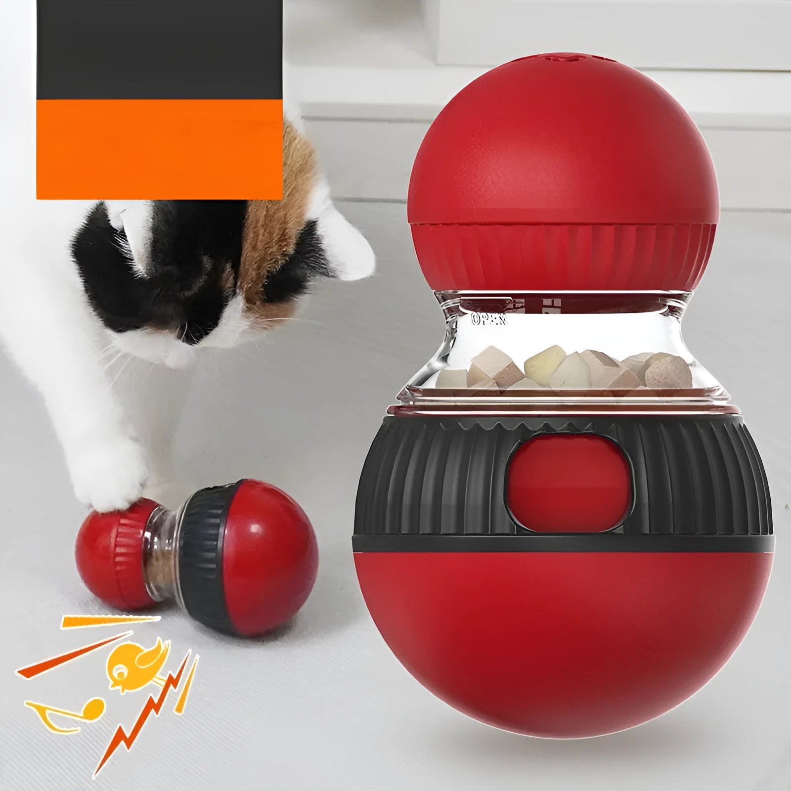 Rotating plastic cat toy with food dropping ball and sound effects for interactive pet play