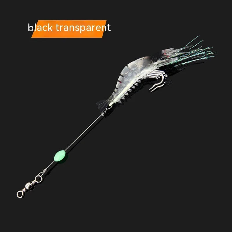 Six soft plastic fishing lures with integrated hooks in different colour variations including luminous patterns