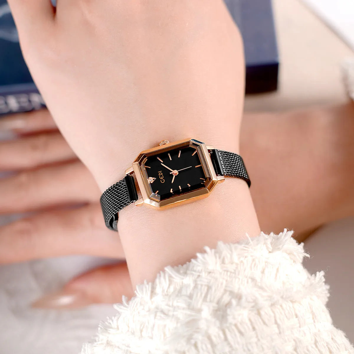Women's square retro casual watch with rose gold case and coloured silicone strap options.