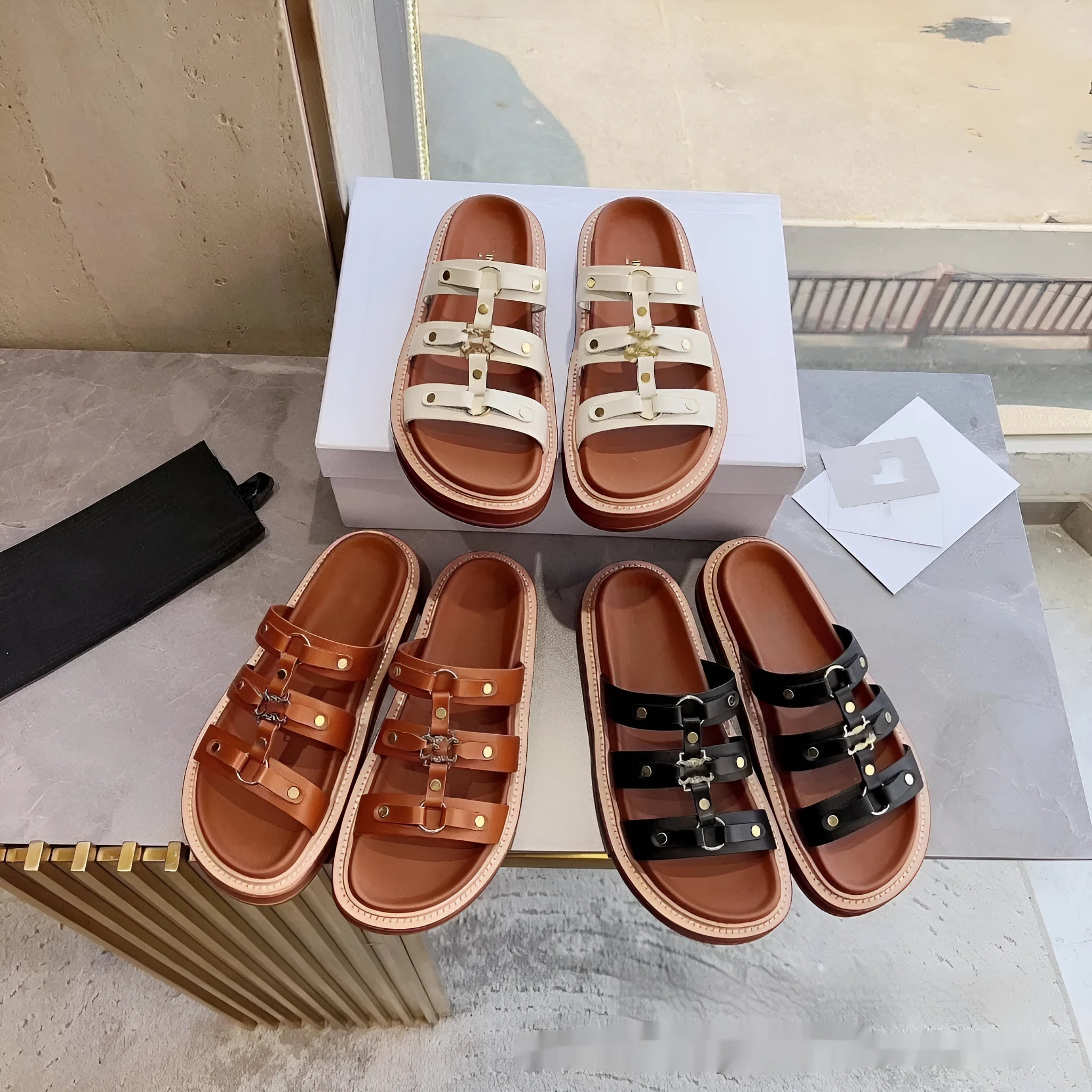 Women's Roman style sandal slippers in patent leather with sheepskin upper in three colour options