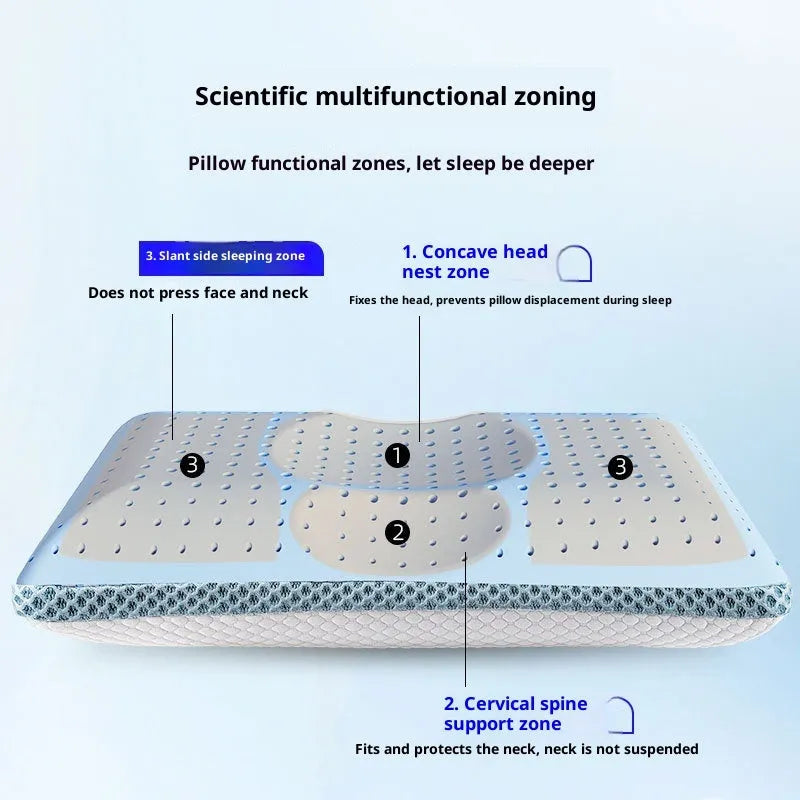 Household cervical memory foam pillow in white and blue, 63x36x13.5cm, with contoured neck support shape