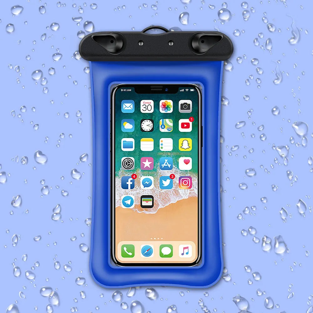 Orange waterproof phone pouch with black neck rope on a blue background.