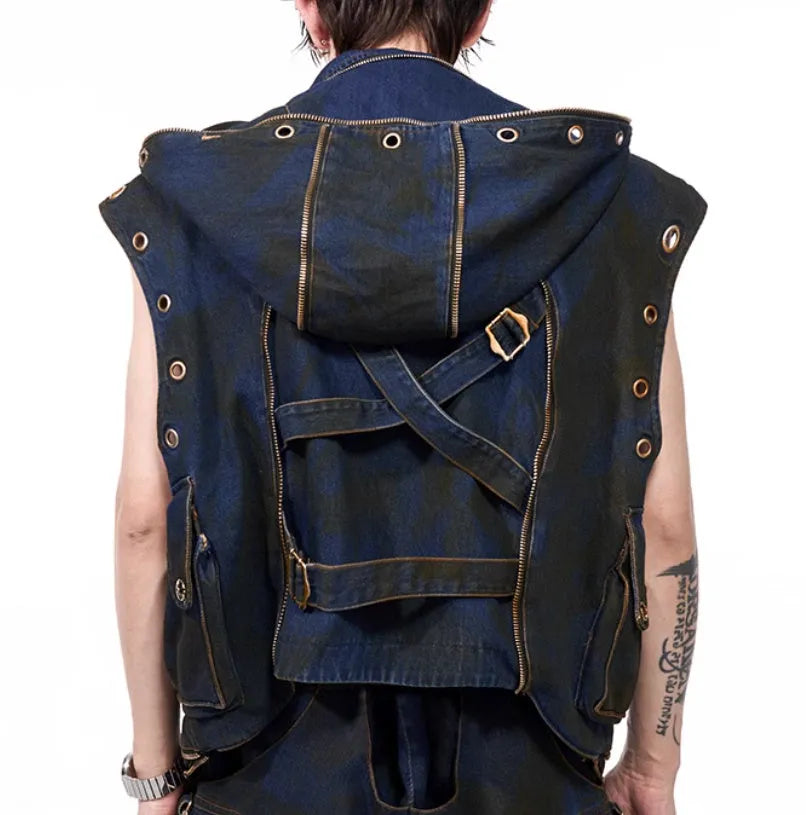 Blue hooded denim vest coat and matching trousers two-piece Korean style outfit