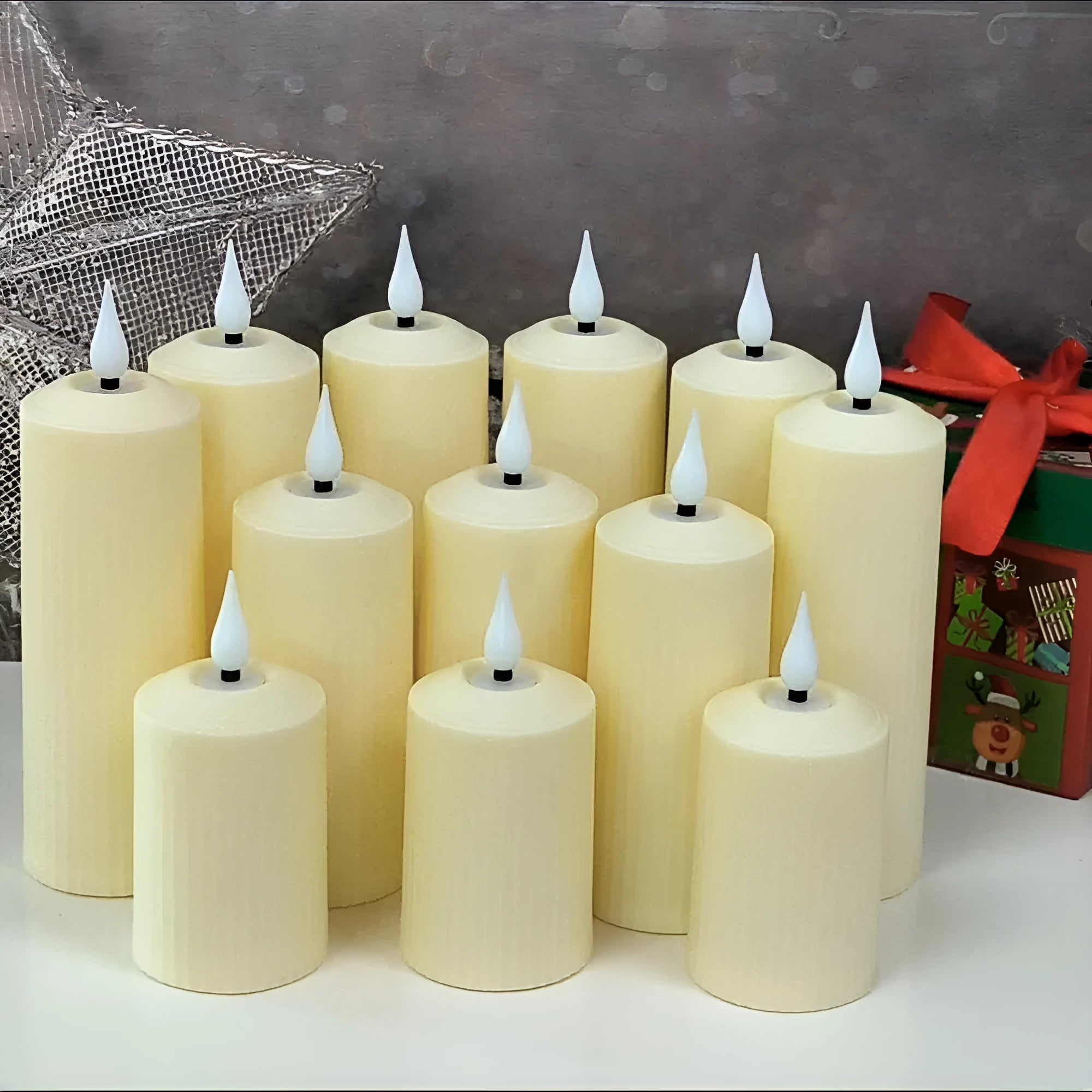 Beige simulation charging electronic candle lamp with water droplet head and remote control, 19.2 x 17.6 x 5.3 cm, ABS plastic