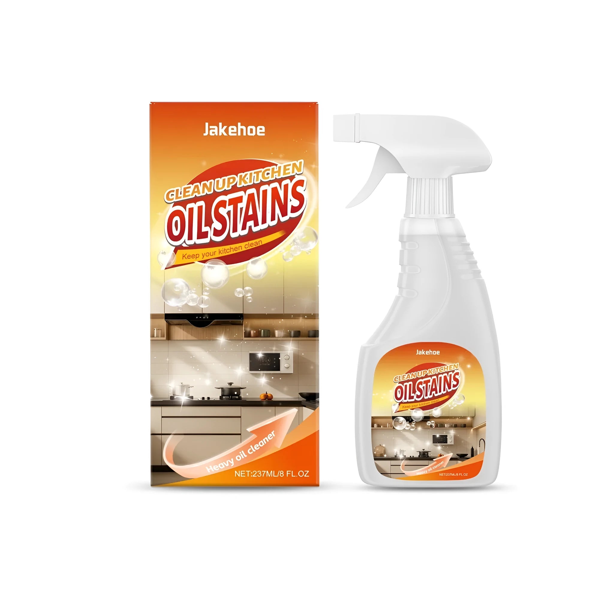 A 237ml bottle of heavy oil cleaner spray for kitchen degreasing.