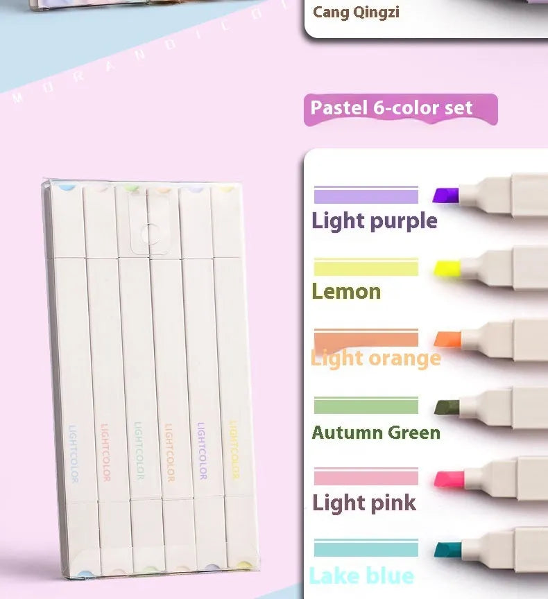 Set of double-headed fluorescent marking pens showing fine and broad tips, in mixed colours.