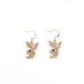 Cute rabbit-shaped stud earrings in silver, pink, or gold colour on a white background.