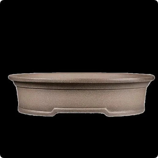 Handmade antique oval bonsai flower pot in purple sand clay, showing dimensions 25cm by 21cm.