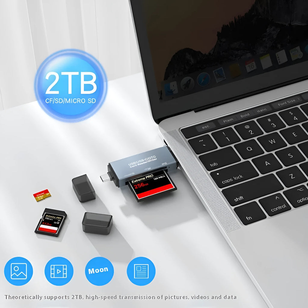 CF SD TF three-in-one card reader with USB 2.0 and TYPE-C interfaces in aluminium alloy casing