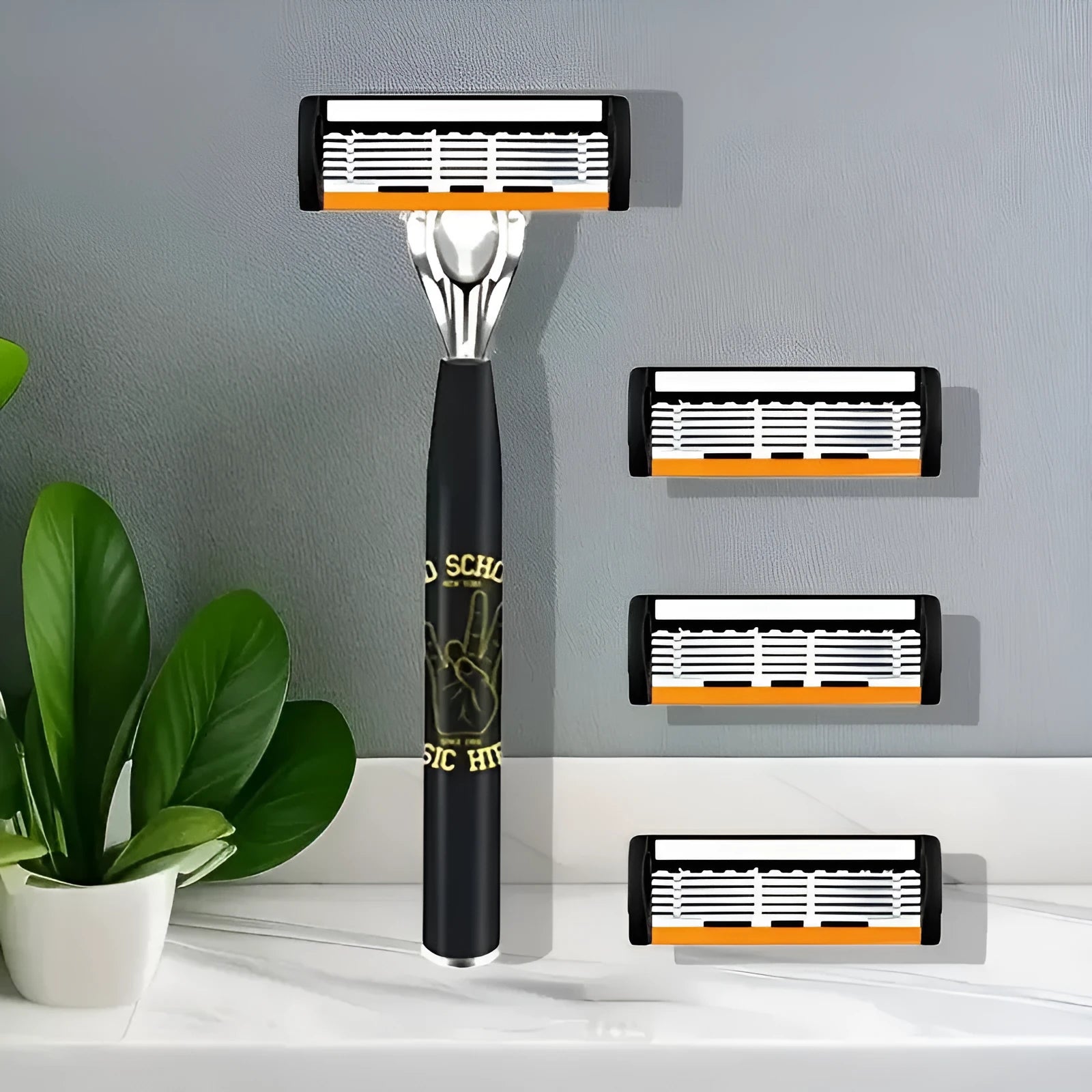 Black manual shaver handle with six-layer finger grip design and multiple blade configurations