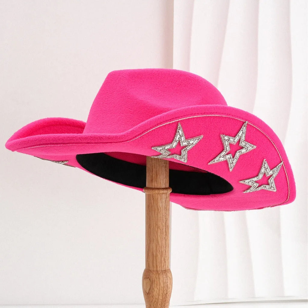 Polyester woven western cowboy hat with conical crown in beige colour with hexagonal star details