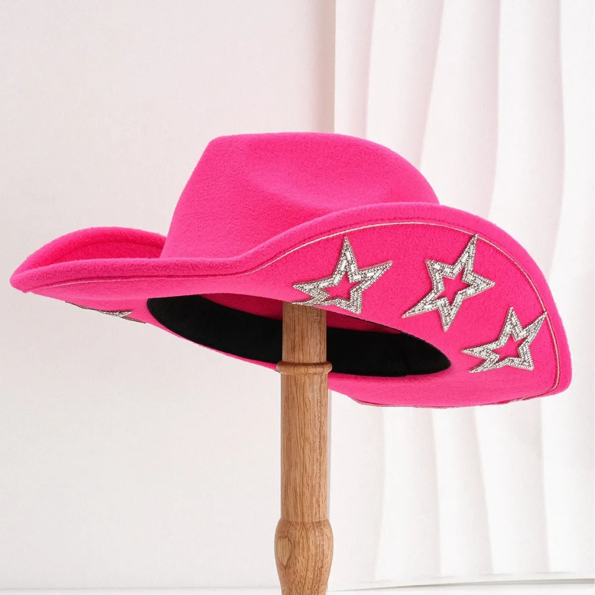 Polyester woven western cowboy hat with conical crown in beige colour with hexagonal star details