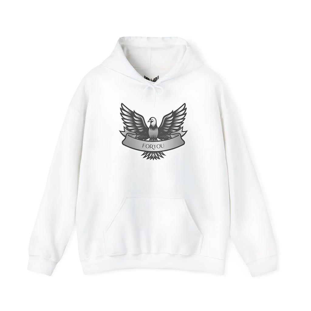 A solid colour unisex pullover hoodie with long sleeves and a hood on a hanger.