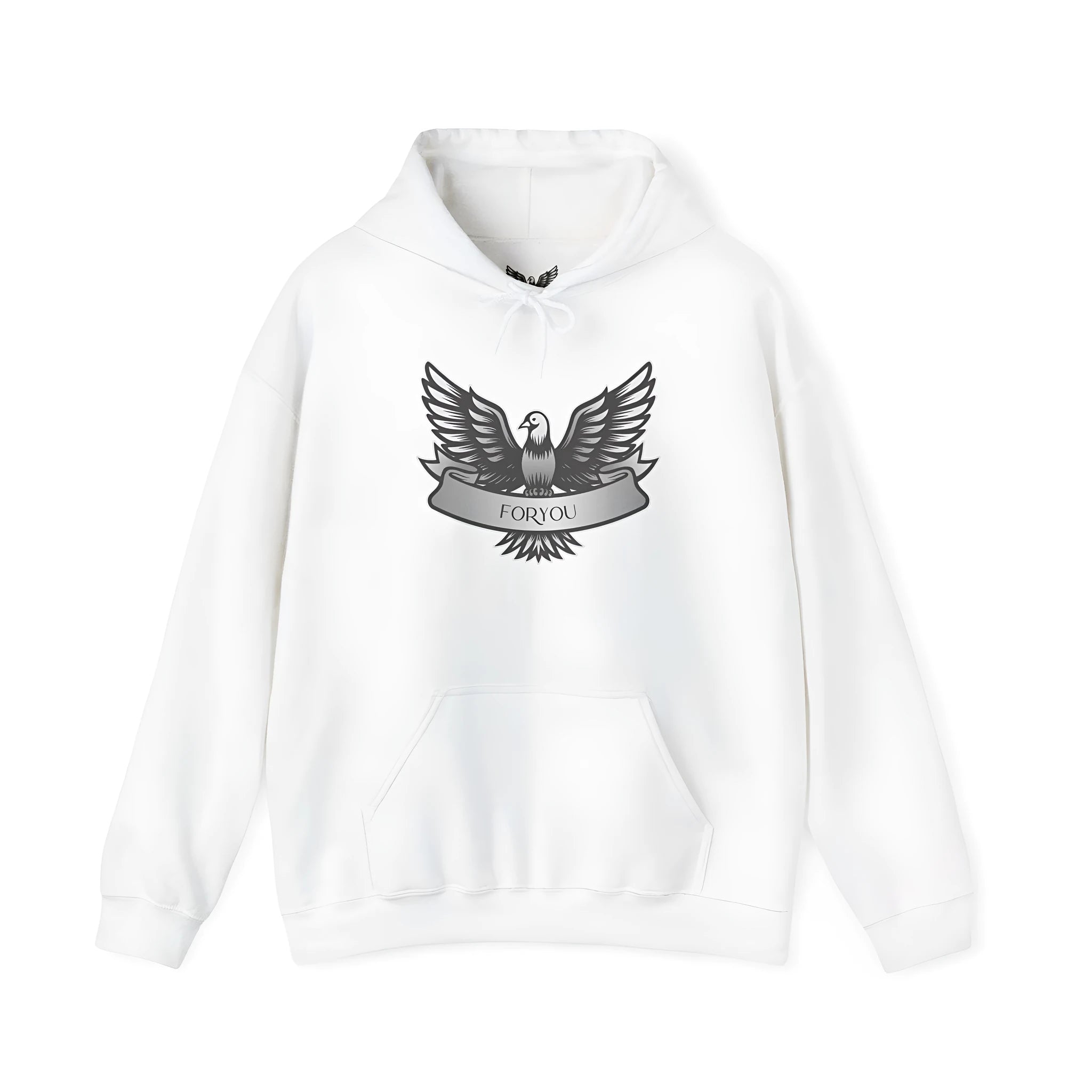 A solid colour unisex pullover hoodie with long sleeves and a hood on a hanger.