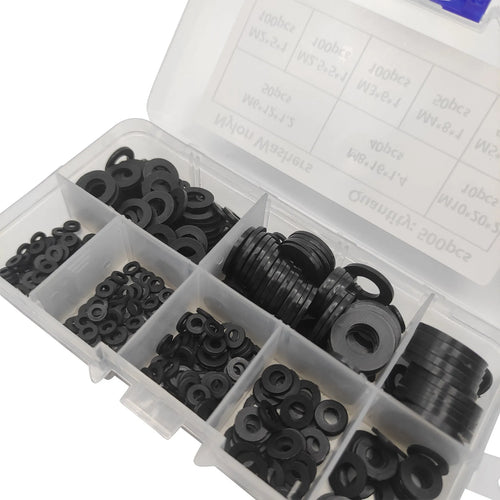 500 pack of black nylon plastic gasket washers in mixed metric sizes from M2 to M10 in a plastic storage box