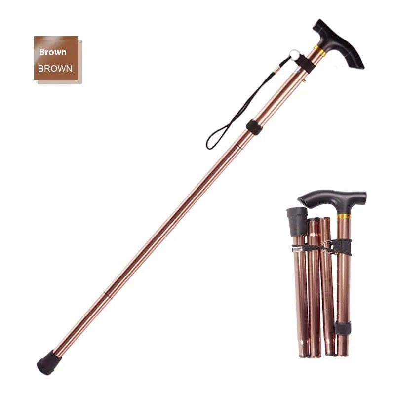 Aluminium folding walking stick extended to show adjustable height and rubber tip