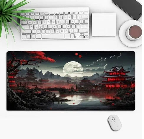 Custom anime graphic gaming mouse pad with non-slip rubber base on a desk.