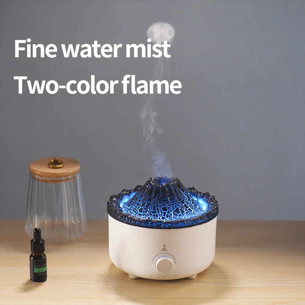 White ultrasonic simulated flame humidifier with remote control and low noise, 162x162x128mm