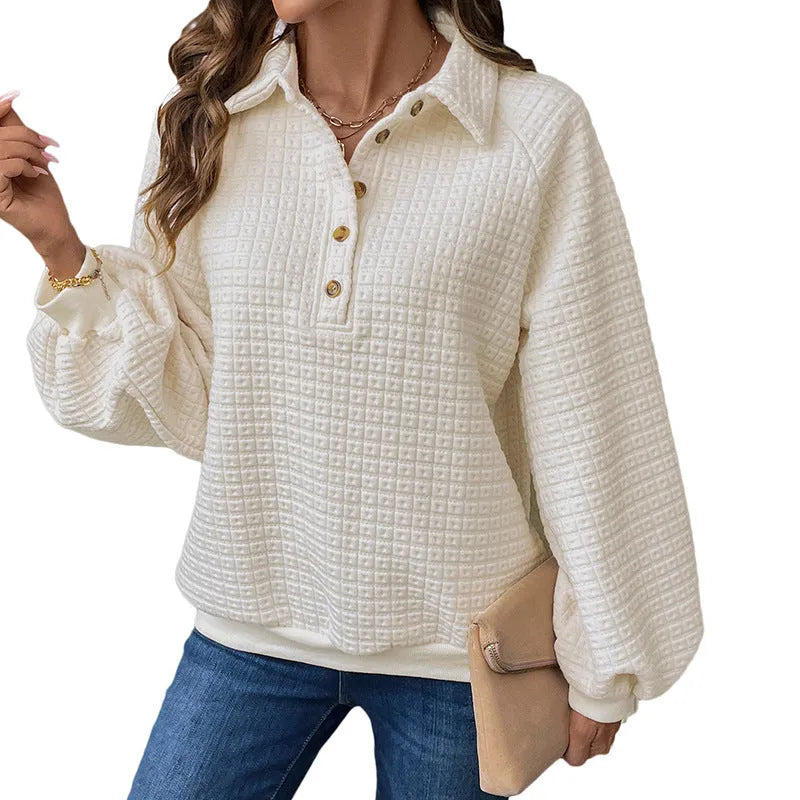 Women's polo collar sweater in milky white thickened polyester knit