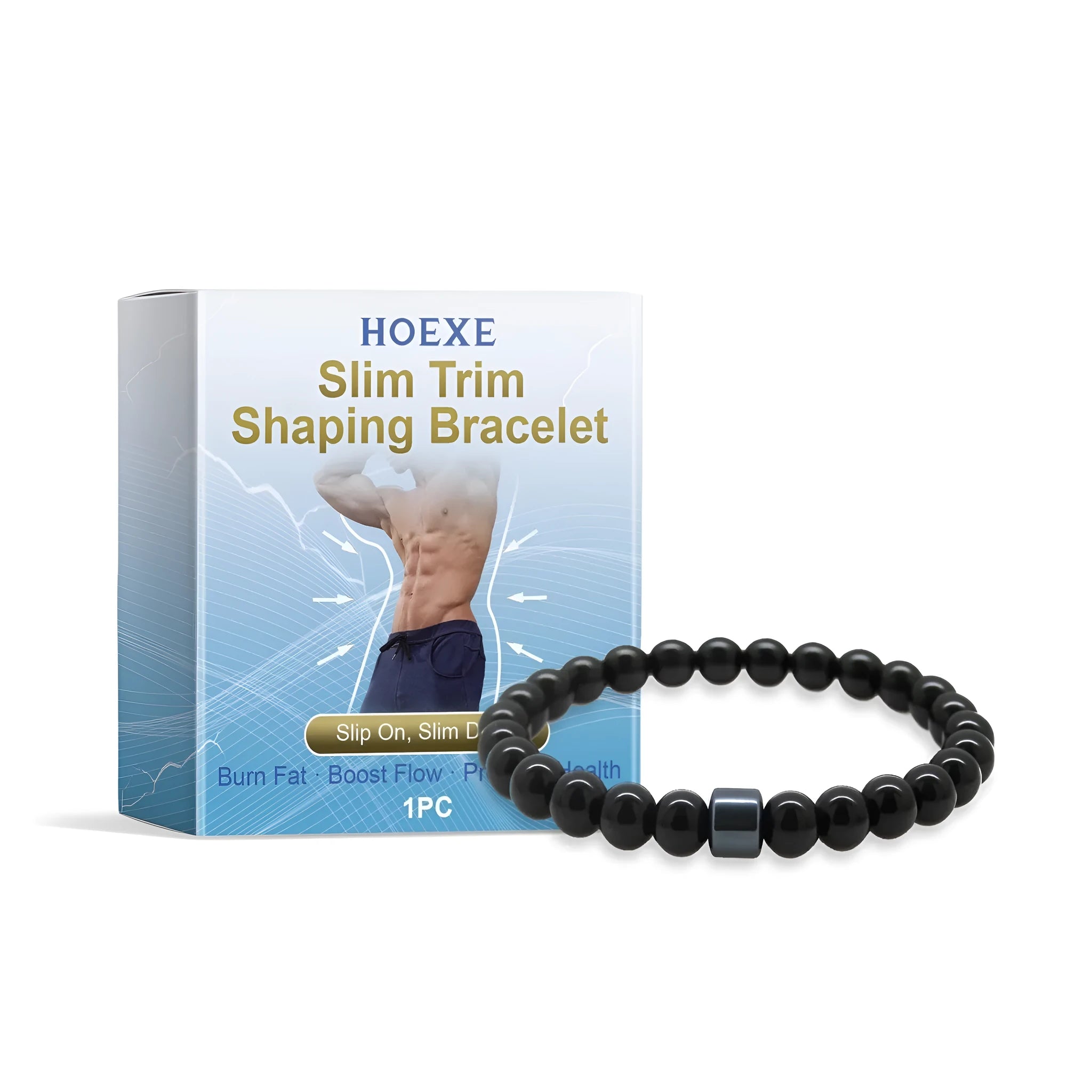 Men's black gallstone and glass body shaping bracelet on wrist