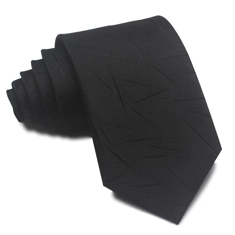 Man's red, black, and blue striped jacquard business tie with an 8cm width.