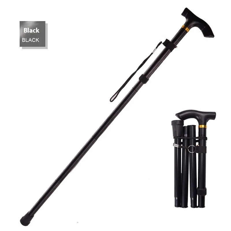 Aluminium folding walking stick extended to show adjustable height and rubber tip