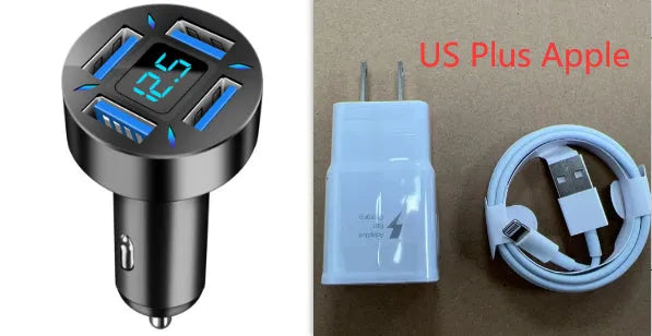 Black four-port USB car charger with digital LED display, shown plugged into a car dashboard.
